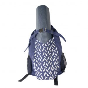 back pack yoga mat carrier in blue with leaf pattern