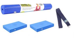Yoga gift set contains blue 4mm yoga mat, blue yoga strap and two blue yoga blocks